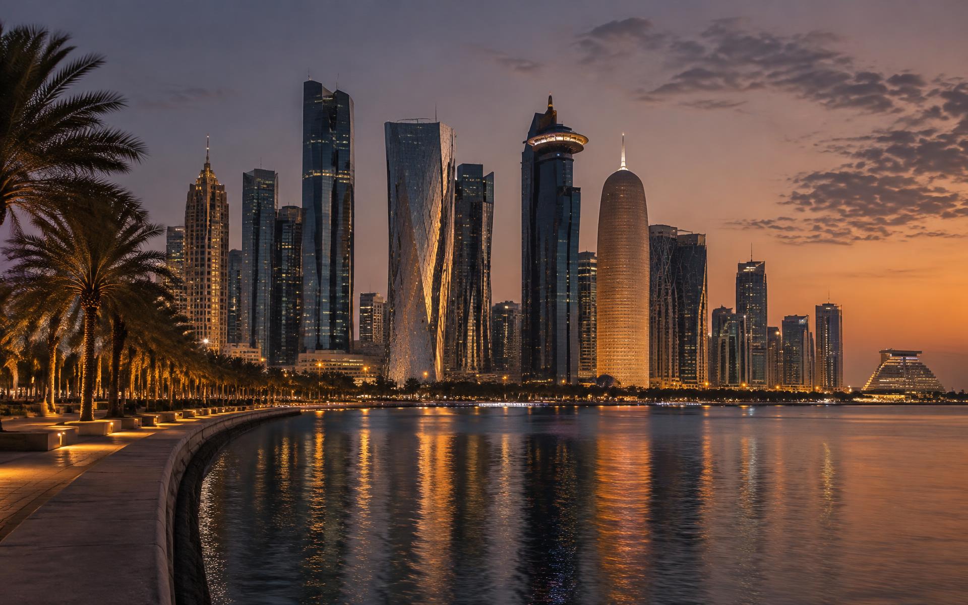 The Doha West Bay skyline at dusk seen across the Corniche